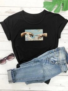 SHEIN LUNE Áo thun Plus size Con số màu đen Giải trí - màu đen - Xem 1