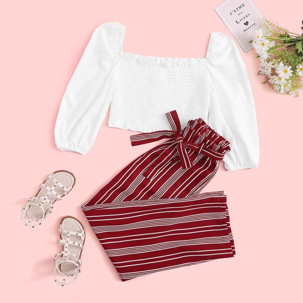 

Girls Square Neck Shirred Top & Striped Belted Pants Set, Multicolor