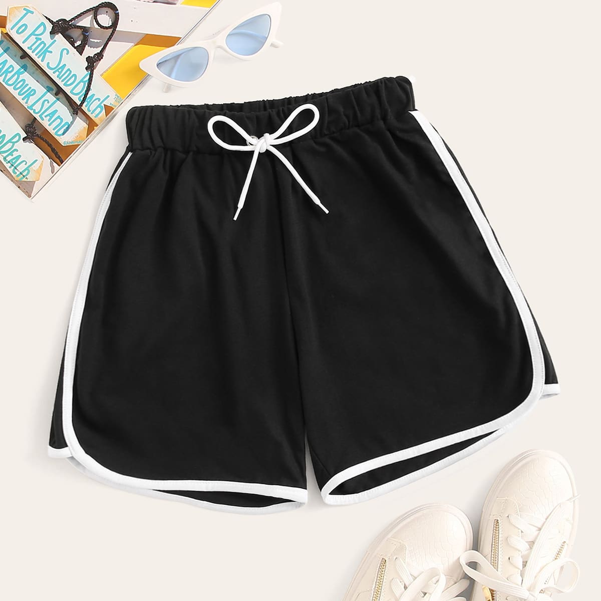 

Plus Contrast Binding Tie Front Track Shorts, Black