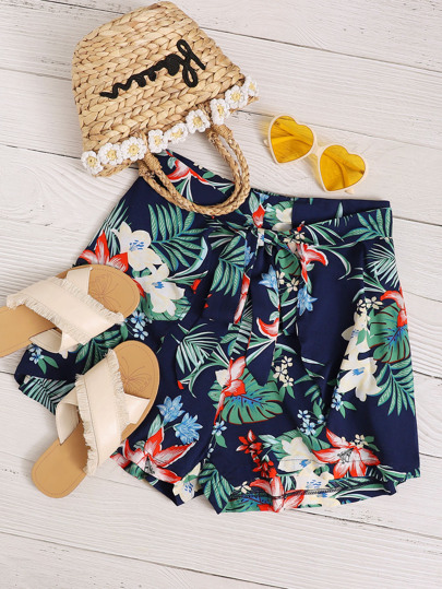 Floral & Tropical Print Belted Shorts