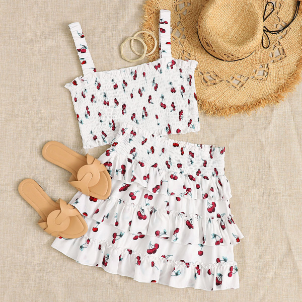 

Cherry Print Shirred Cami Top & Tiered Layered Skirt Set, White