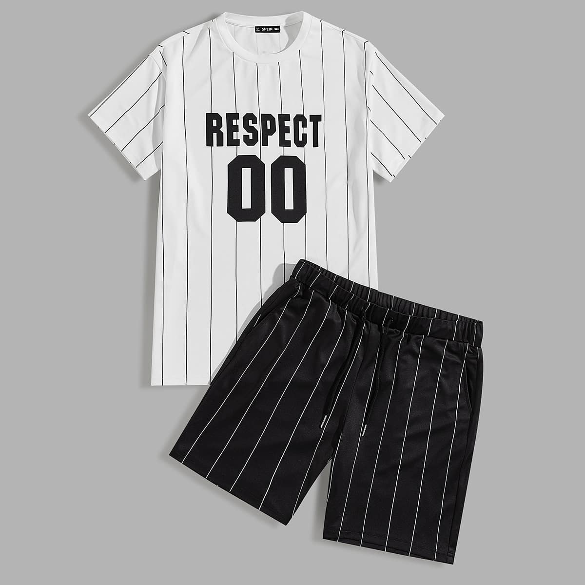 

Guys Letter Graphic Striped Top & Shorts Set, Black and white
