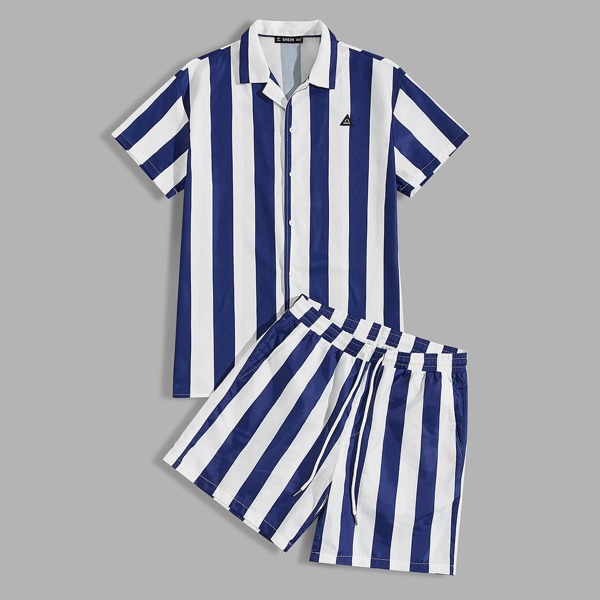 

Men Patched Detail Two Tone Striped Blouse and Shorts Set, Blue