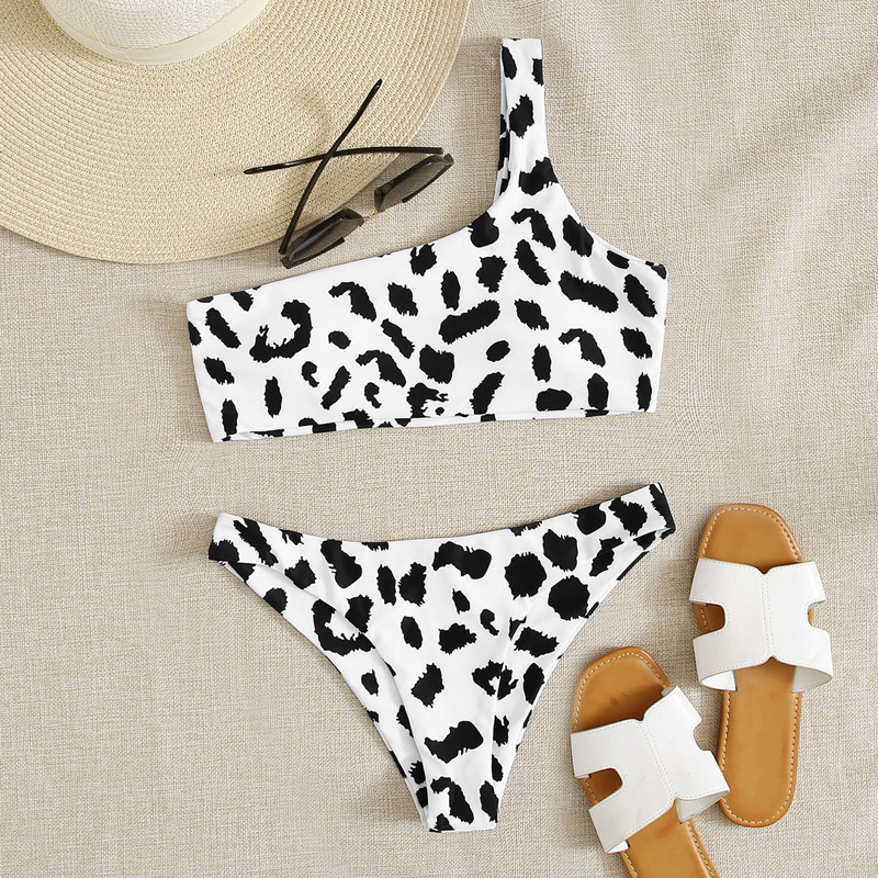 

Leopard One Shoulder Bikini Swimsuit, Black and white