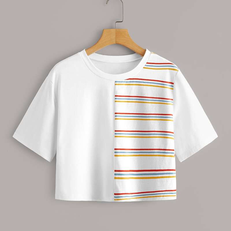

Contrast Striped Crop Tee, White