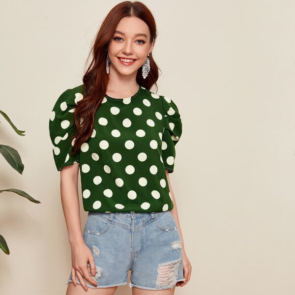 

Polka Dot Keyhole Back Blouse, Green