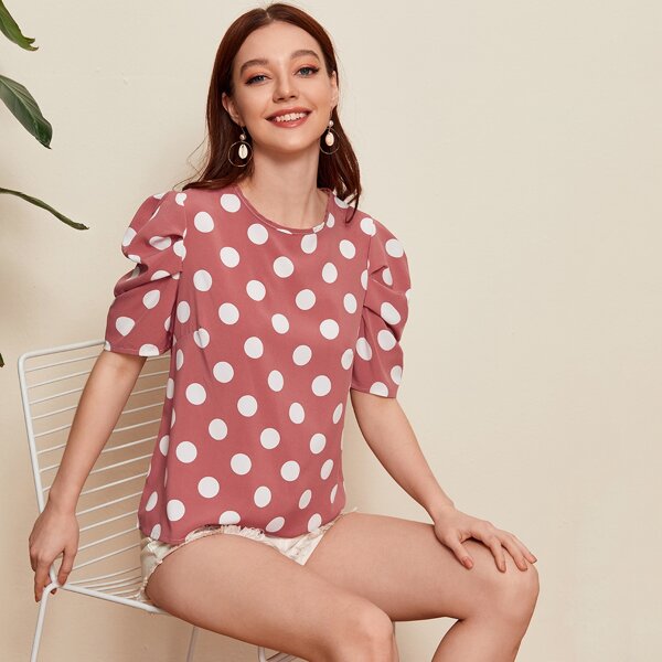 

Polka Dot Keyhole Back Blouse, Pink