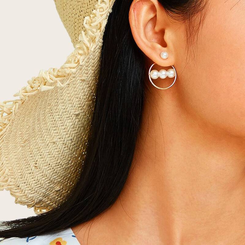 

1pair Faux Pearl Decor Earrings Jackets, Gold