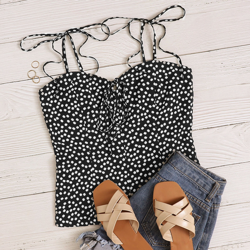 

Ditsy Floral Tie Shoulder Shirred Cami Top, Black