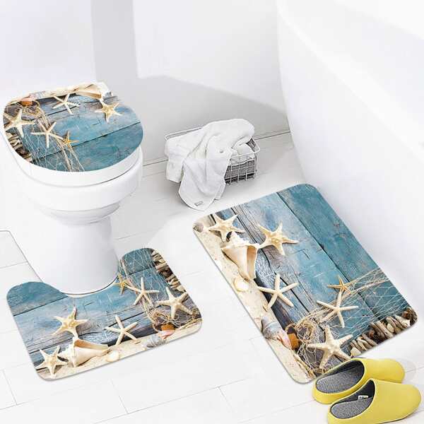 

3pcs Starfish Print Bathroom Mat Set, Multicolor