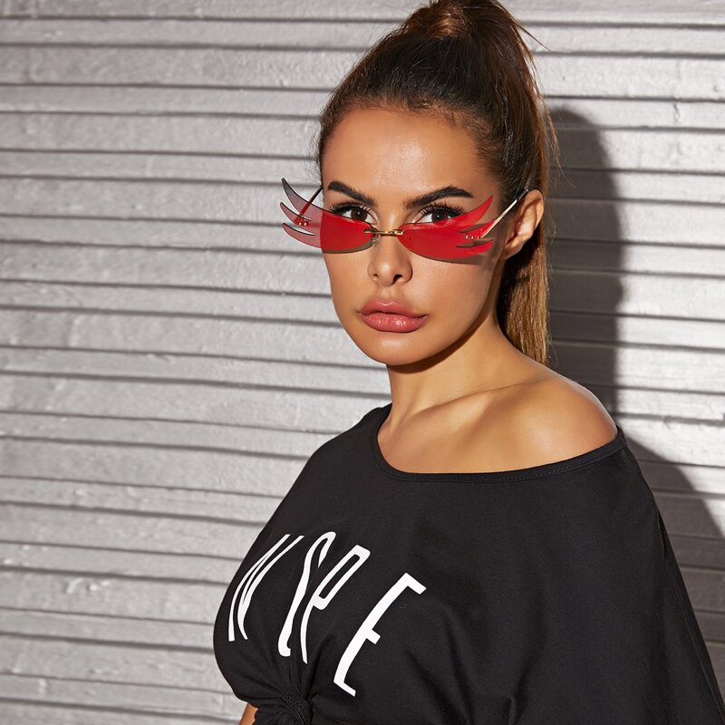 

Wing Shaped Rimless Sunglasses With Case, Red
