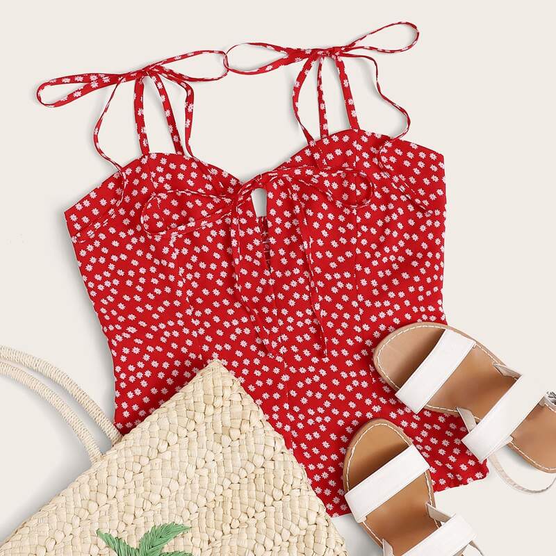 

Ditsy Floral Tie Shoulder Shirred Cami Top, Red