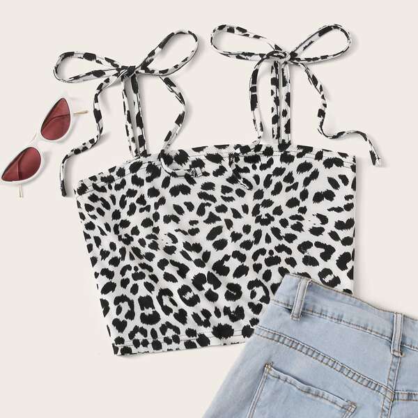 

All Over Print Tie Shoulder Cami Top, Black and white