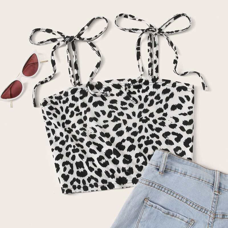 

All Over Print Tie Shoulder Cami Top, Black and white