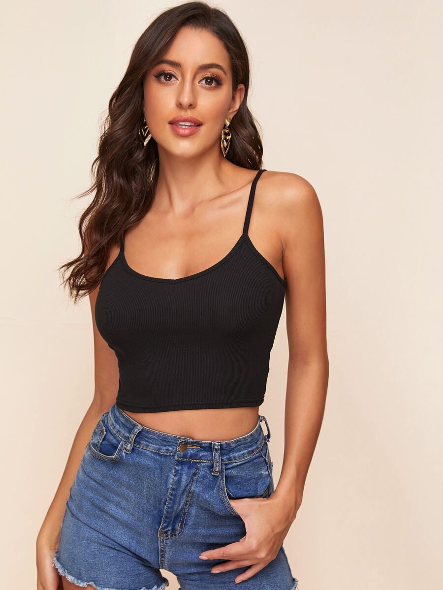 SHEIN EZwear Top de tirante corto tejido de canalé - Negro - Ver 1