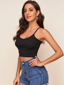 SHEIN EZwear Top de tirante corto tejido de canalé - Negro - Ver 4
