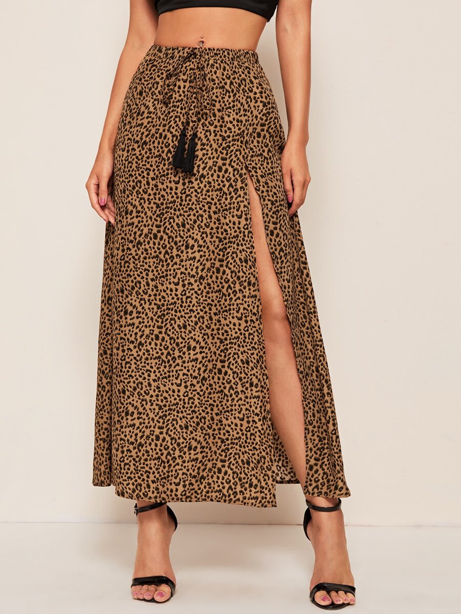 SHEIN Unity 流蘇繫帶腰開衩大腿豹紋半身裙 - 彩色 - 查看 1