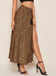 SHEIN Unity 流蘇繫帶腰開衩大腿豹紋半身裙 - 彩色 - 查看 4