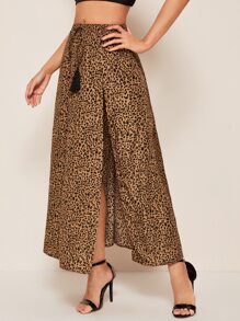 SHEIN Unity 流蘇繫帶腰開衩大腿豹紋半身裙 - 彩色 - 查看 5