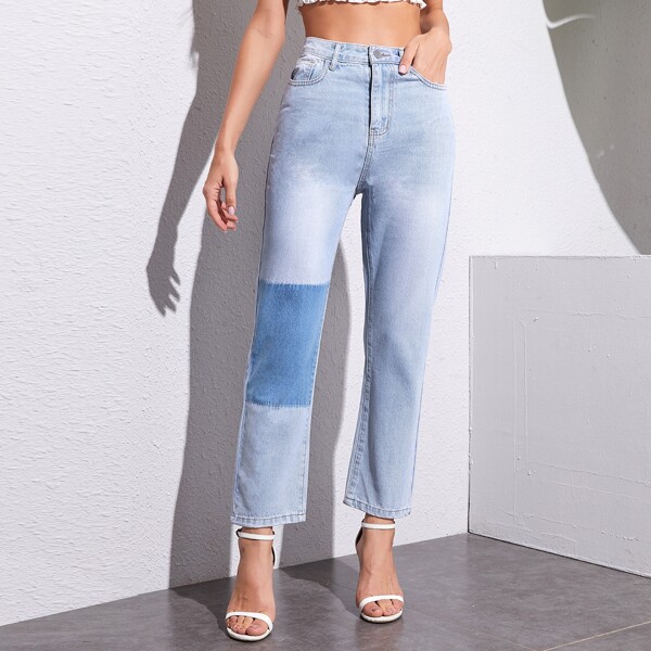 

Cut And Sew Straight Leg Jeans, Blue