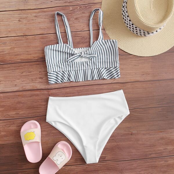 

Girls Striped Knot Front High Waisted Bikini Swimsuit, Multicolor