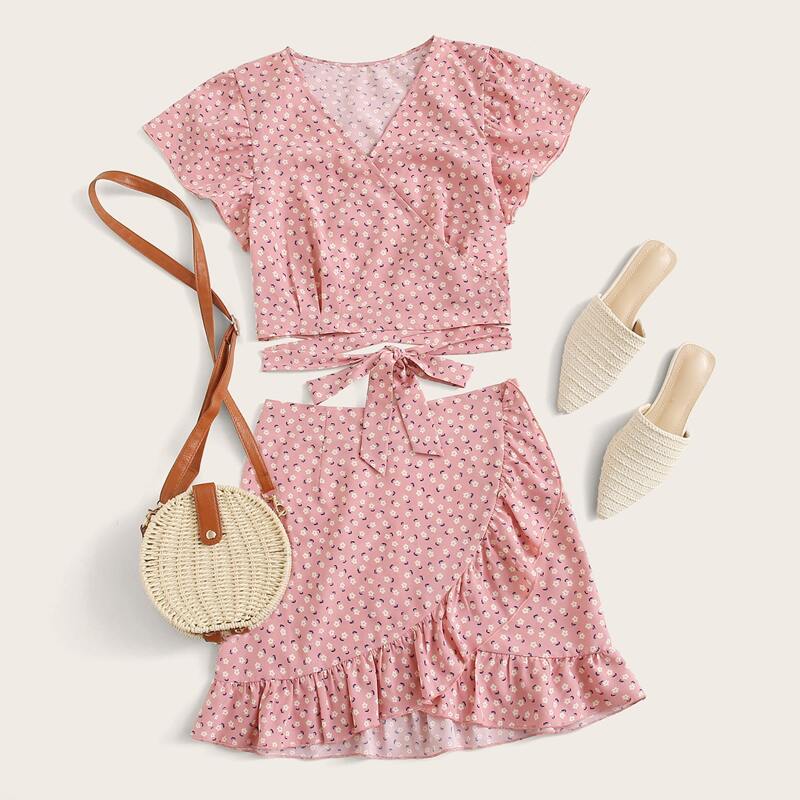 

Ditsy Floral Criss Cross Tie Front Wrap Top & Ruffle Skirt, Pink