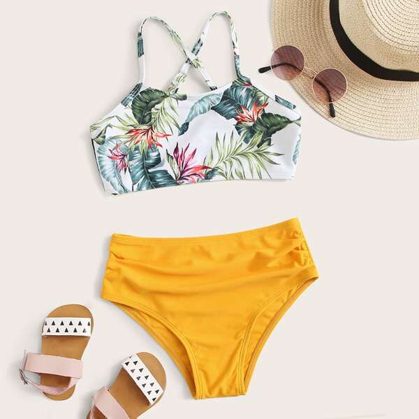 

Girls Tropical Criss Cross Bikini Swimsuit, Multicolor