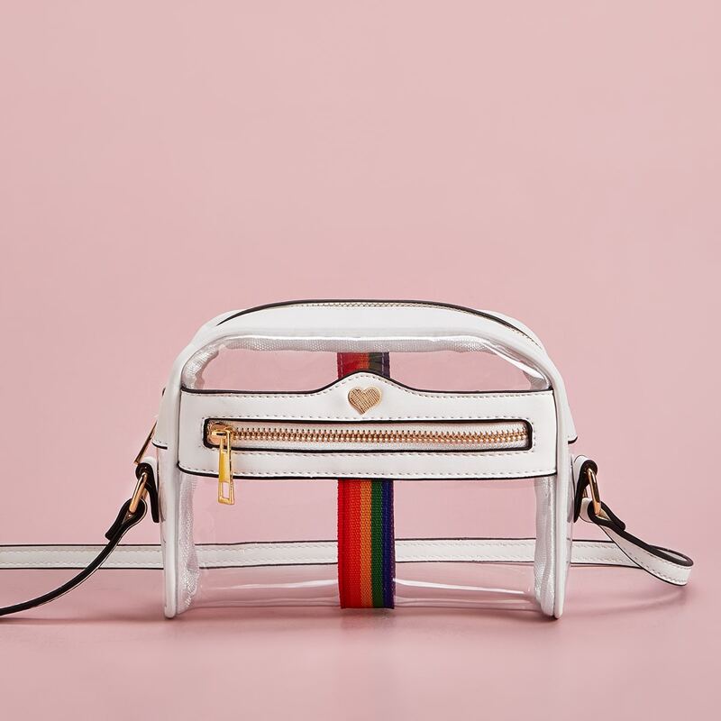 

Striped Detail Zip Front Clear Crossbody Bag, White