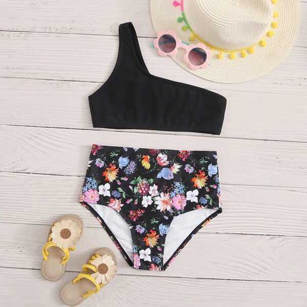 

Girls Floral One Shoulder High Waisted Bikini Swimsuit, Black