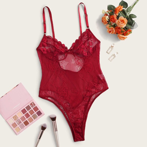 

Floral Lace Teddy Bodysuit, Red