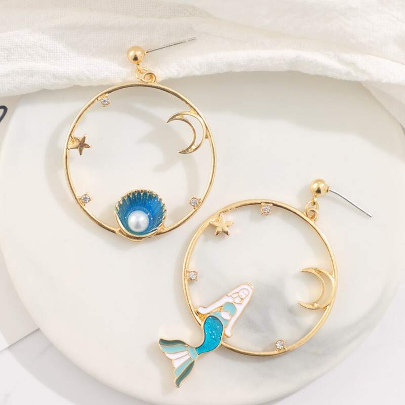 

1pair Mermaid & Ring Decor Drop Earrings, Gold