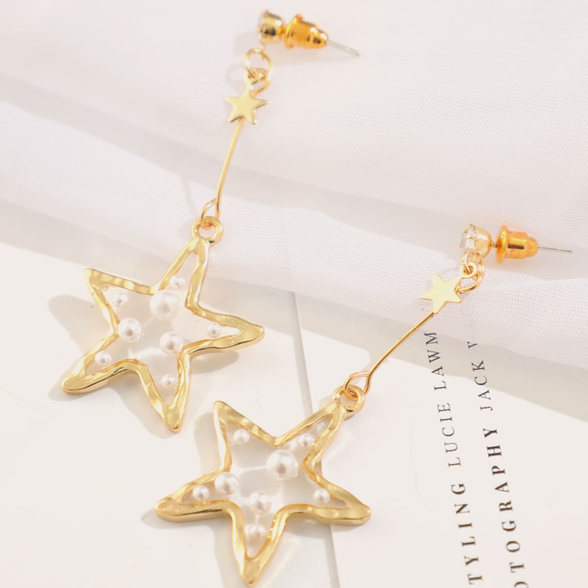

1pair Faux Pearl Star Design Drop Earrings, Gold
