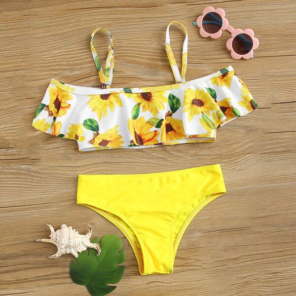 

Girls Sunflower Print Flounce Bikini Swimsuit, Multicolor