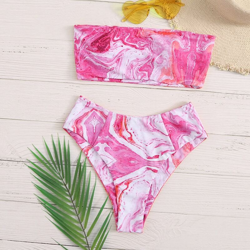 

Graphic Print Bandeau High Waisted Bikini Swimsuit, Pink bright