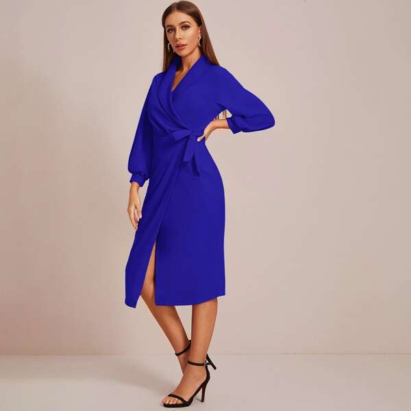 

Shawl Collar Tie Side Wrap Dress, Blue