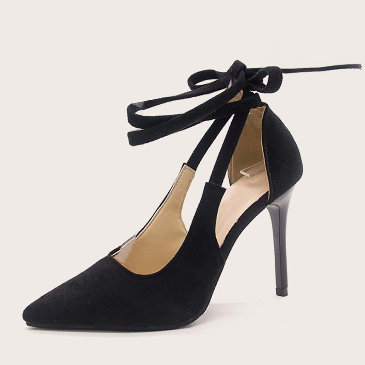 

Point Toe Tie Leg Stiletto Heels, Black
