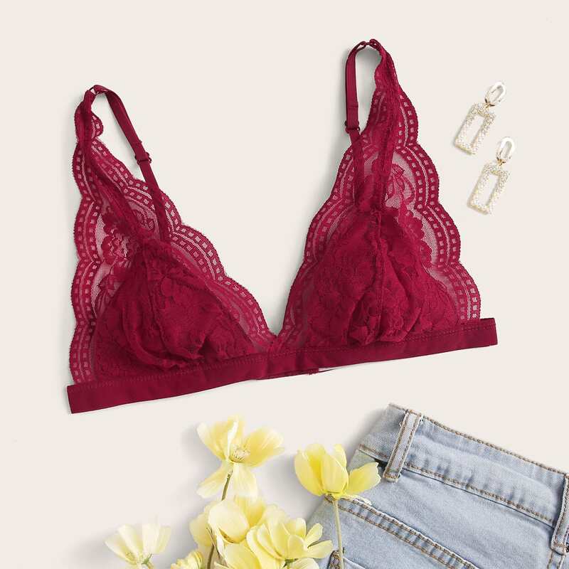 

Floral Lace Triangle Bra, Burgundy