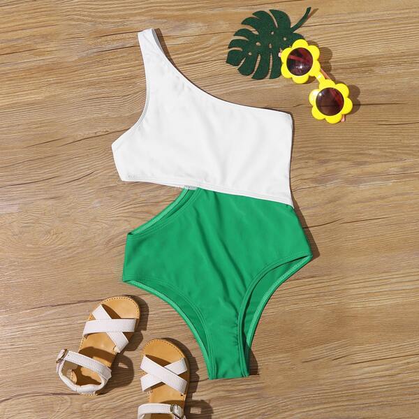

Girls Two Tone One Shoulder One Piece Swimsuit, Multicolor