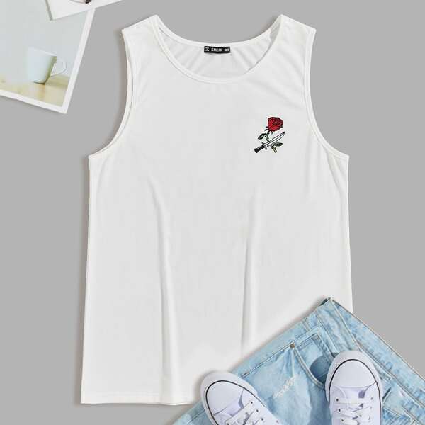 

Men Floral and Knife Print Tank Top, White