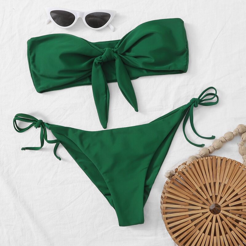 

Knot Front Bandeau Tie Side Bikini Swimsuit, Green