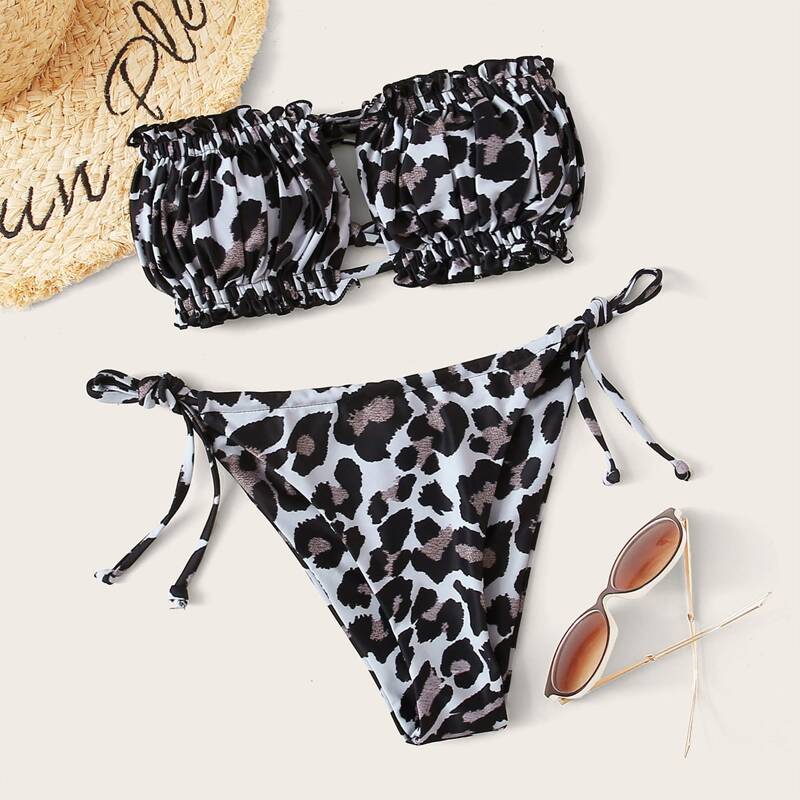

Leopard Frill Bandeau Tie Side Bikini Swimsuit, Multicolor