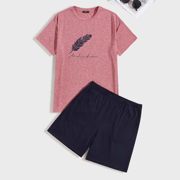 

Men Feather & Letter Graphic Tee & Shorts PJ Set, Multicolor