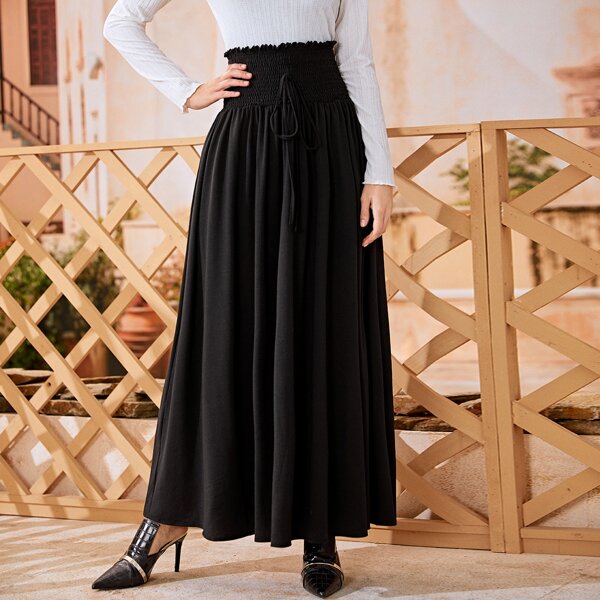 

Tied Wide Shirred Waist Maxi Skirt, Black