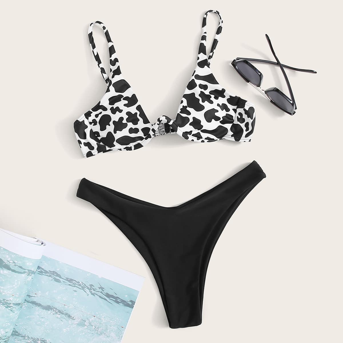 

Cow Print High Leg Bikini Swimsuit, Black and white