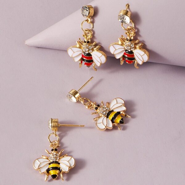 

2pairs Toddler Girls Rhinestone Decor Bee Decor Drop Earrings, Multicolor