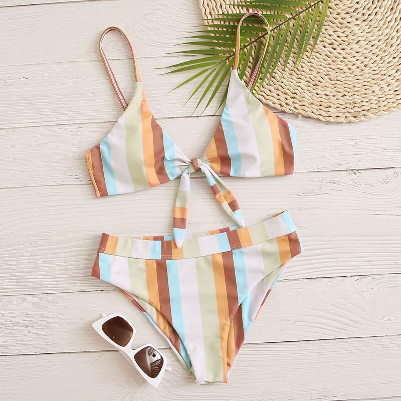

Striped High Waist Bikini Swimsuit, Multicolor