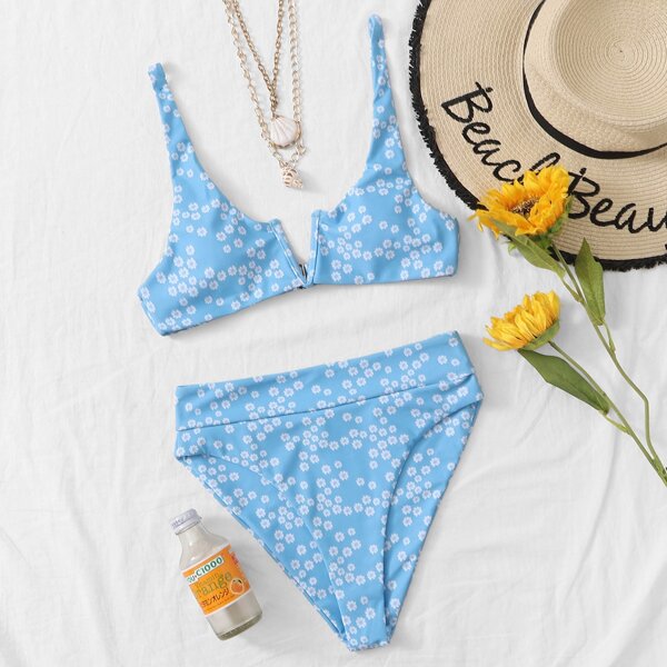 

Ditsy Floral V Wired High Waisted Bikini Swimsuit, Blue