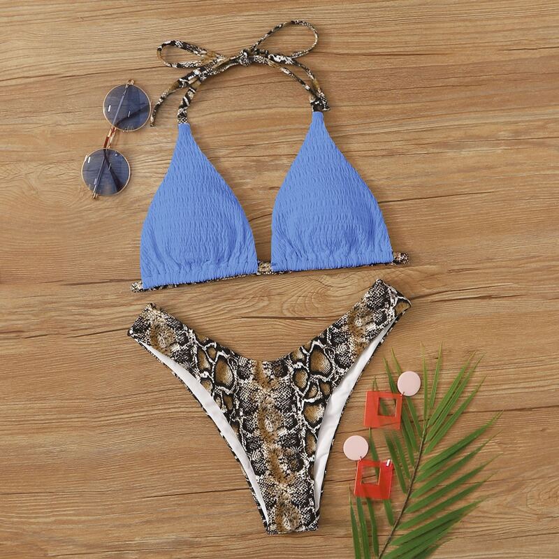 

Snakeskin Smocked Triangle High Leg Bikini Swimsuit, Multicolor