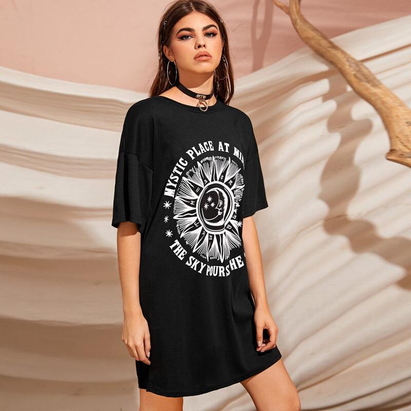 

Sun & Moon Graphic Boyfriend Tee Dress, Black