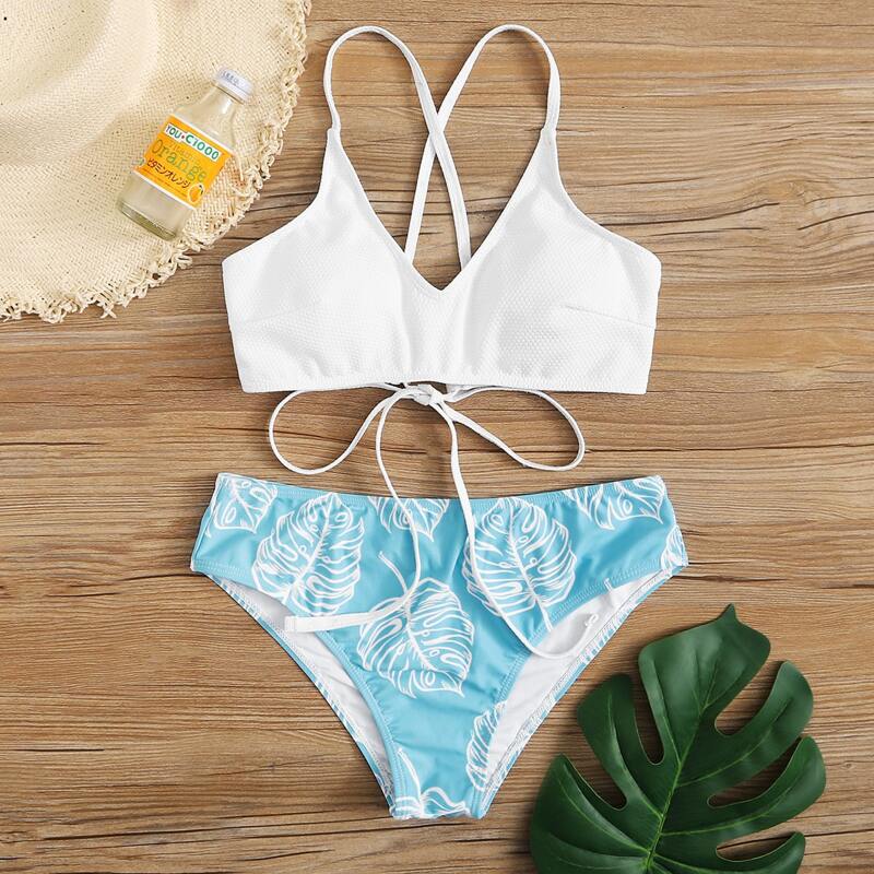 

Palm Lace-up Back Bikini Swimsuit, Multicolor
